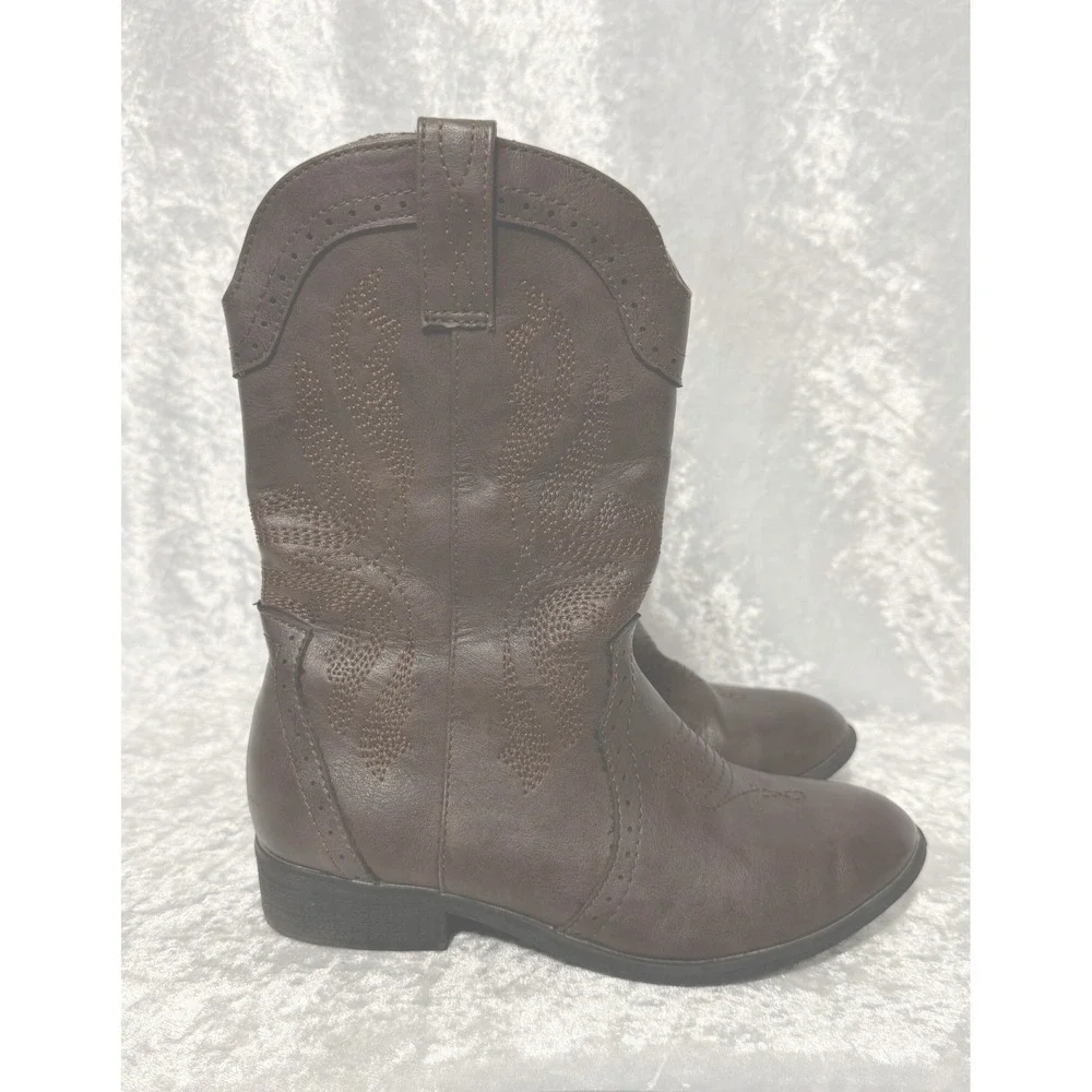 Dream Pairs Girls Dark Brown Western Cowboy Boots Side Zipper Embroidered Size 1